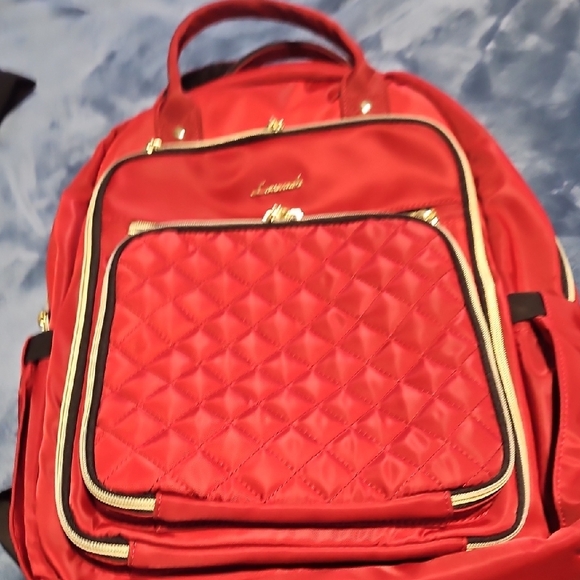 Handbags - .Red Quilted Backpack with Gold Accents